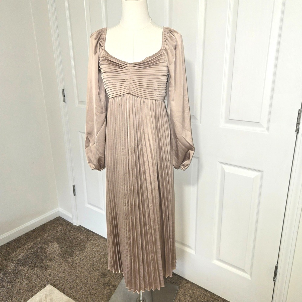 By The River Pleated Midi Dress Womens Small Champagne Taupe Satin Bishop Sleeve